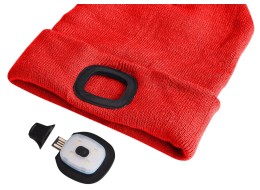 Beanie with headlamp 180 lm, rechargeable, USB, one size, cotton/PE, red