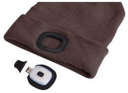 Beanie with headlamp 180 lm, rechargeable, USB, one size, cotton/PE, brown