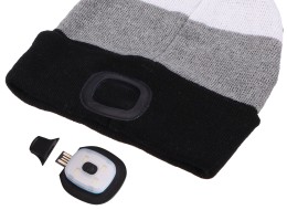 Beanie with headlamp 180 lm, rechargeable, USB, one size, cotton/PE, black/gray/white
