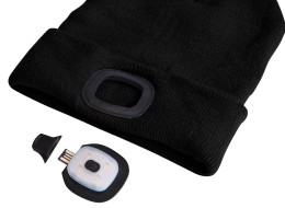 Beanie with headlamp 180 lm, rechargeable, USB, one size, cotton/PE, black with pompom