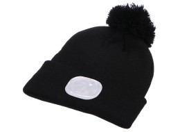 Beanie with headlamp 180 lm, rechargeable, USB, one size, cotton/PE, black with pompom