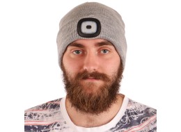 Beanie with headlamp 180 lm, rechargeable, USB, one size, cotton/PE, light gray