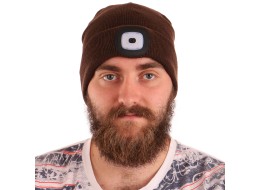 Beanie with headlamp 180 lm, rechargeable, USB, one size, cotton/PE, brown