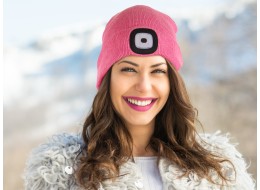 Beanie with headlamp 180 lm, rechargeable, USB, one size, cotton/PE, pink
