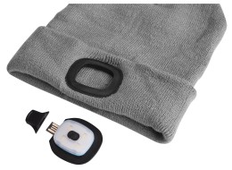 Beanie with headlamp 180 lm, rechargeable, USB, one size, cotton/PE, light gray