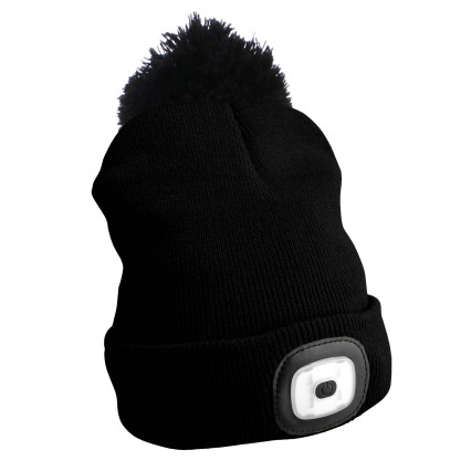 Beanie with headlamp 180 lm, rechargeable, USB, one size, cotton/PE, black with pompom