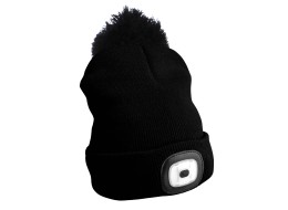Beanie with headlamp 180 lm, rechargeable, USB, one size, cotton/PE, black with pompom